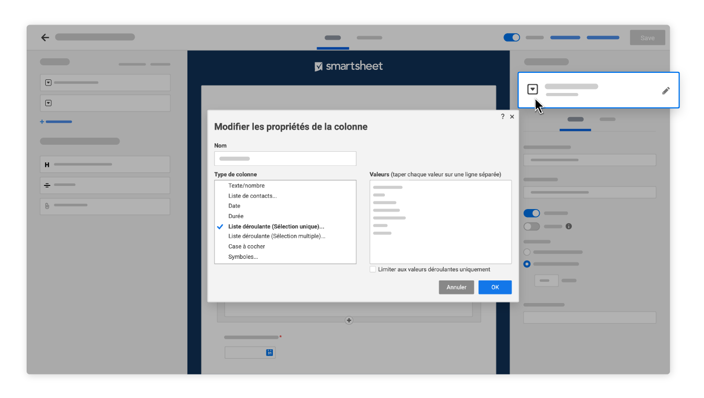  Créateur de formulaires Smartsheet avec propriétés des colonnes