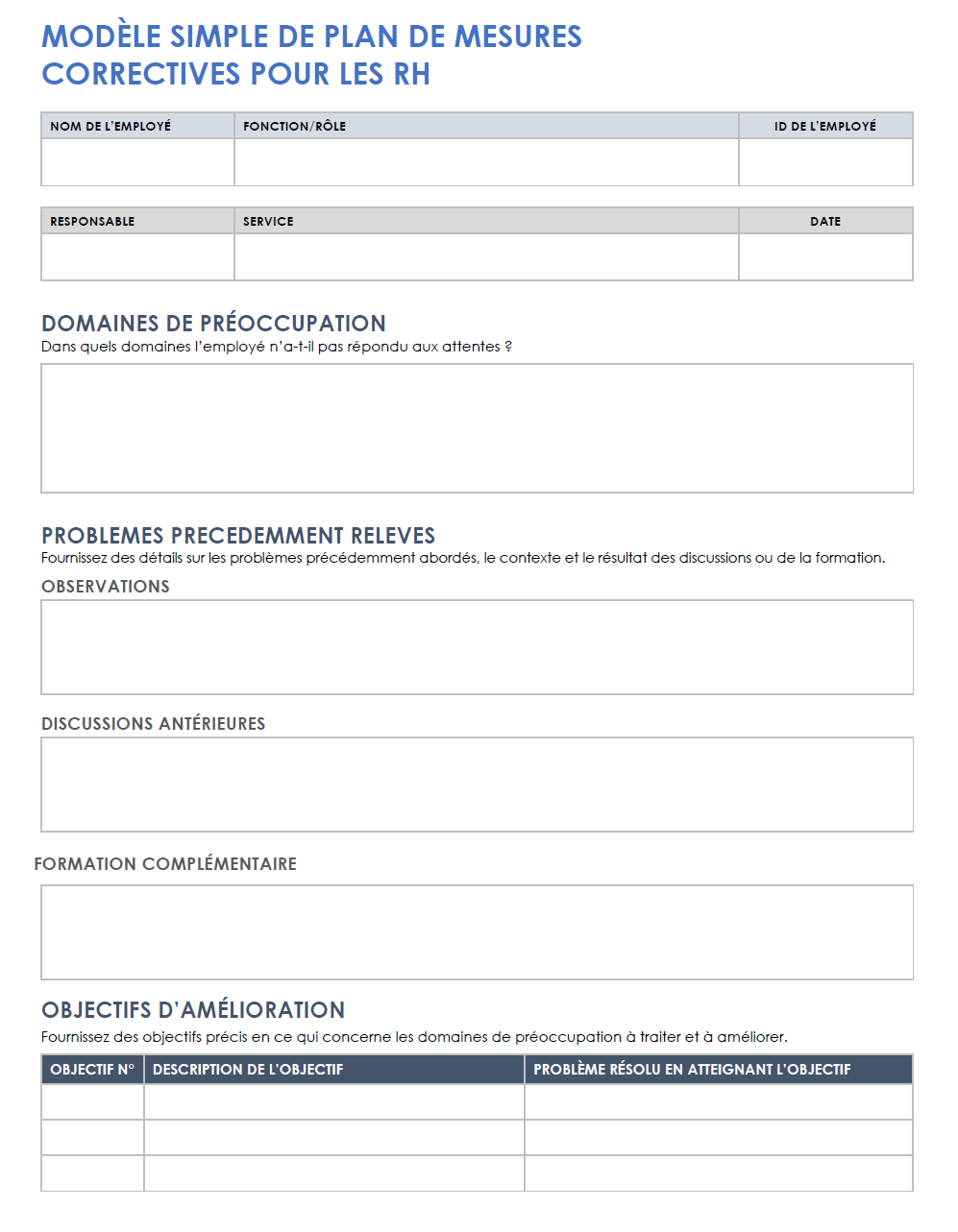 Modèle de plan d'action corrective des employés pour les RH