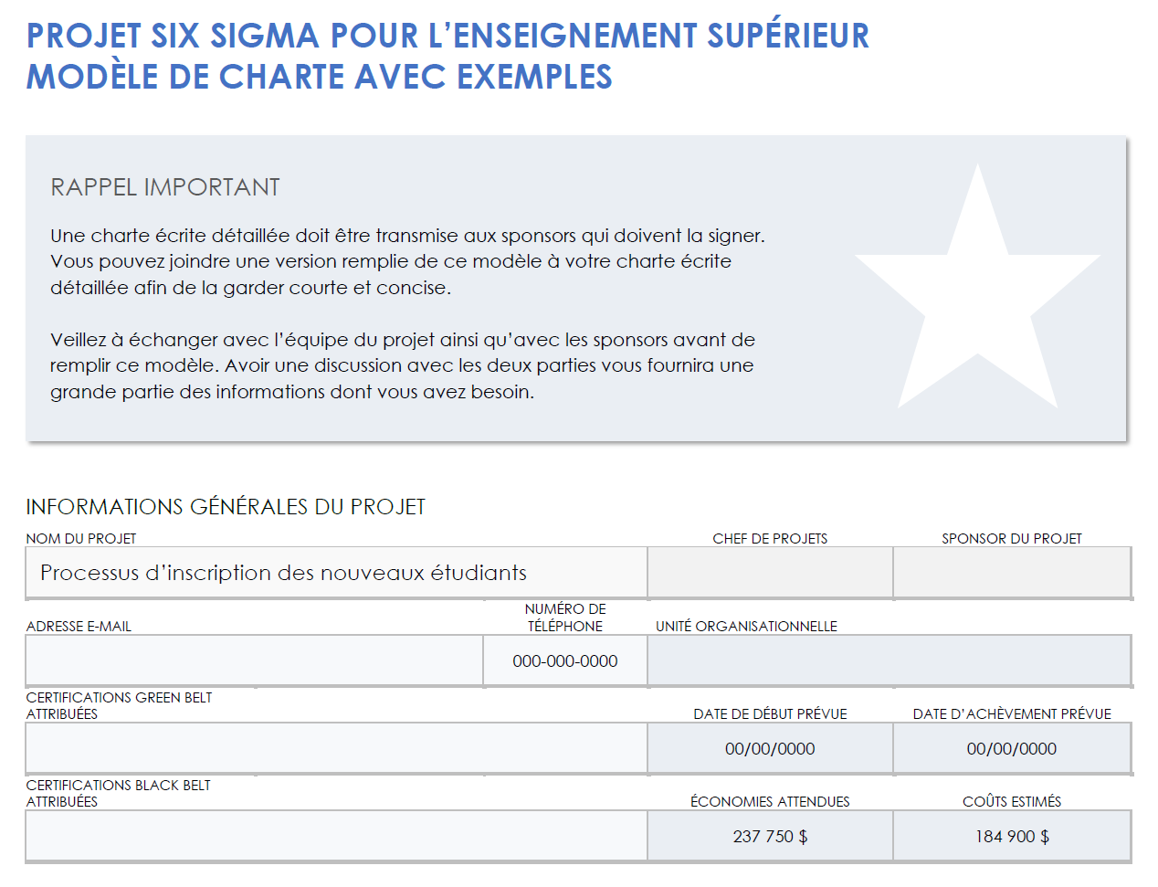 Exemple de charte de projet Six Sigma pour l'enseignement supérieur