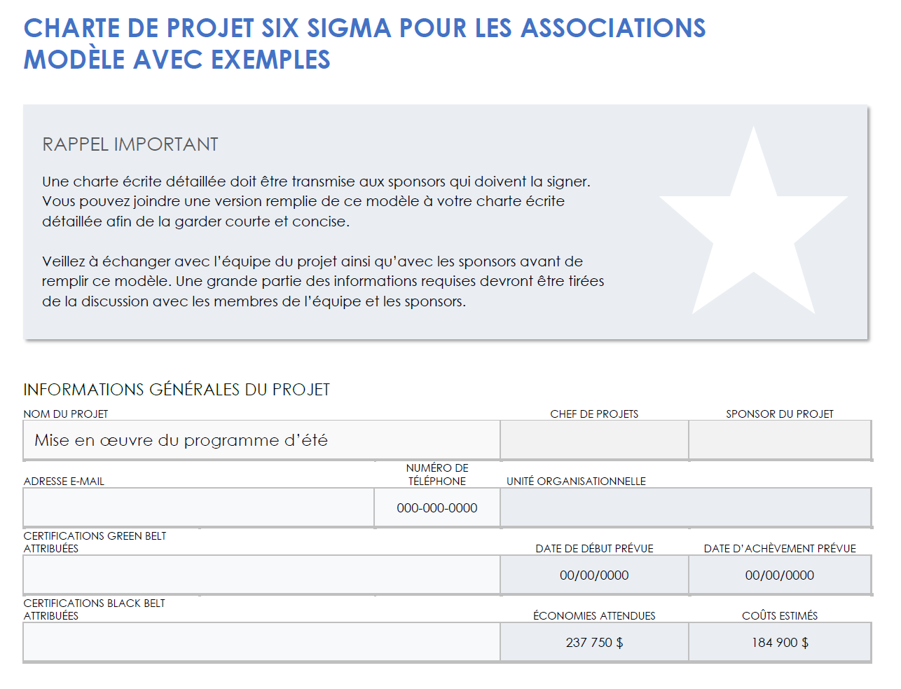 Exemple de charte de projet Six Sigma à but non lucratif