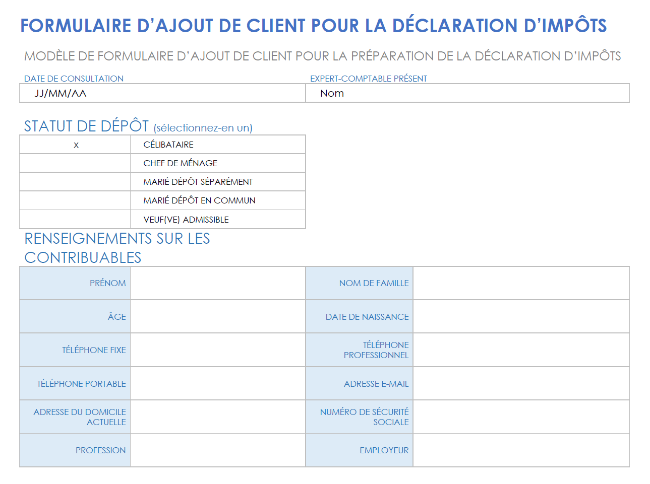 Formulaire d'admission des clients fiscaux