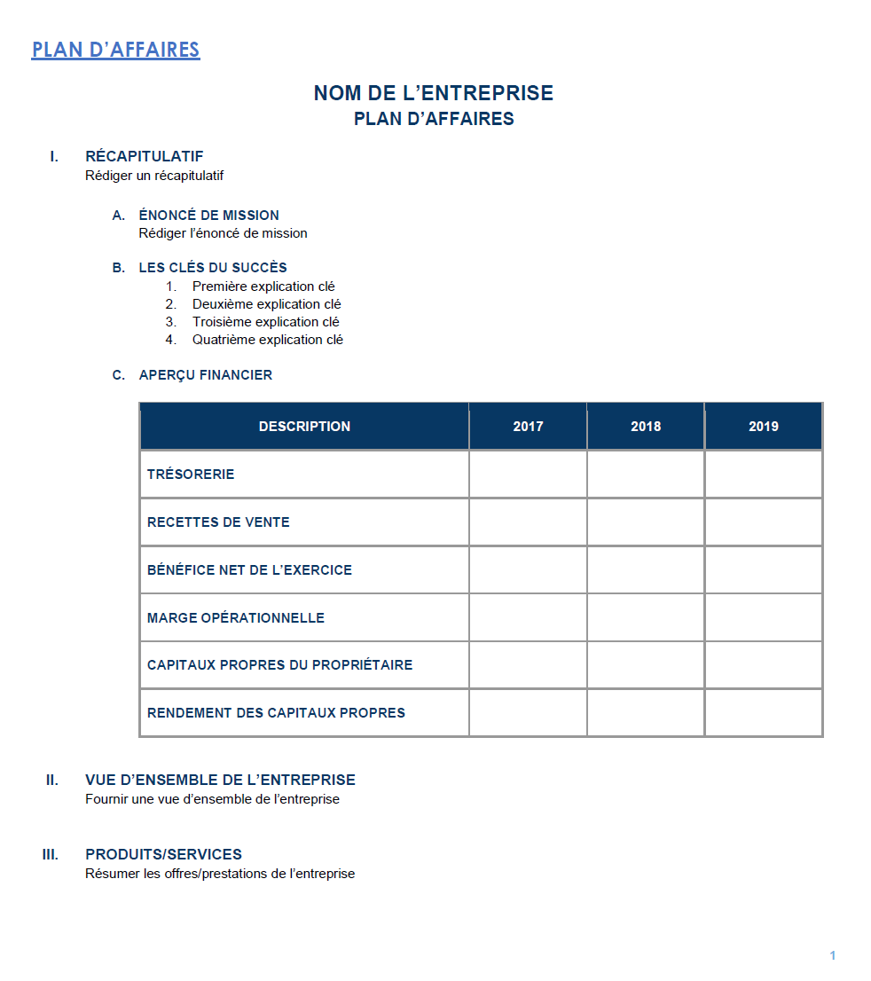  Modèle de plan d'affaires