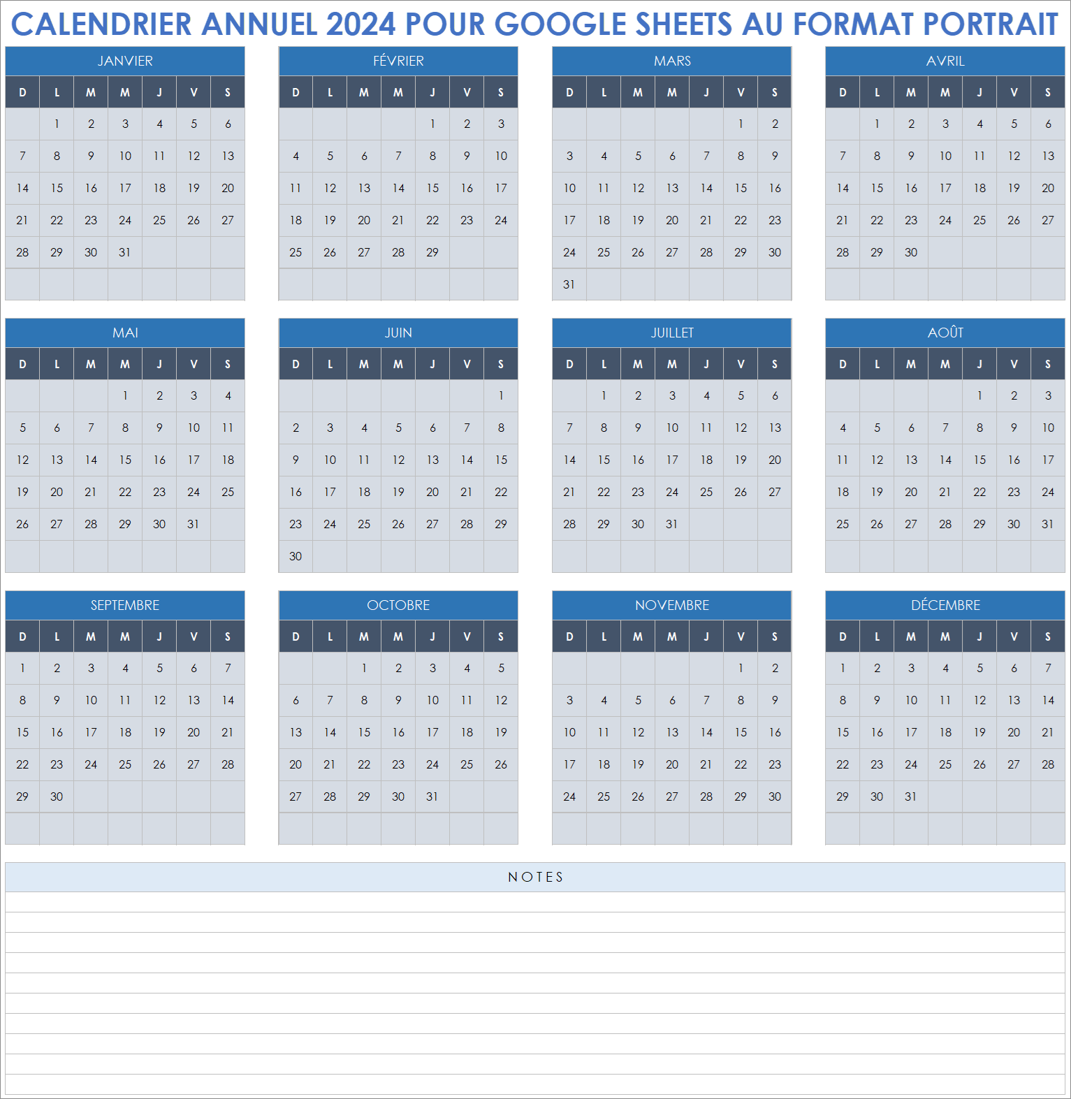  Modèle de portrait de calendrier annuel Google Sheets 2024