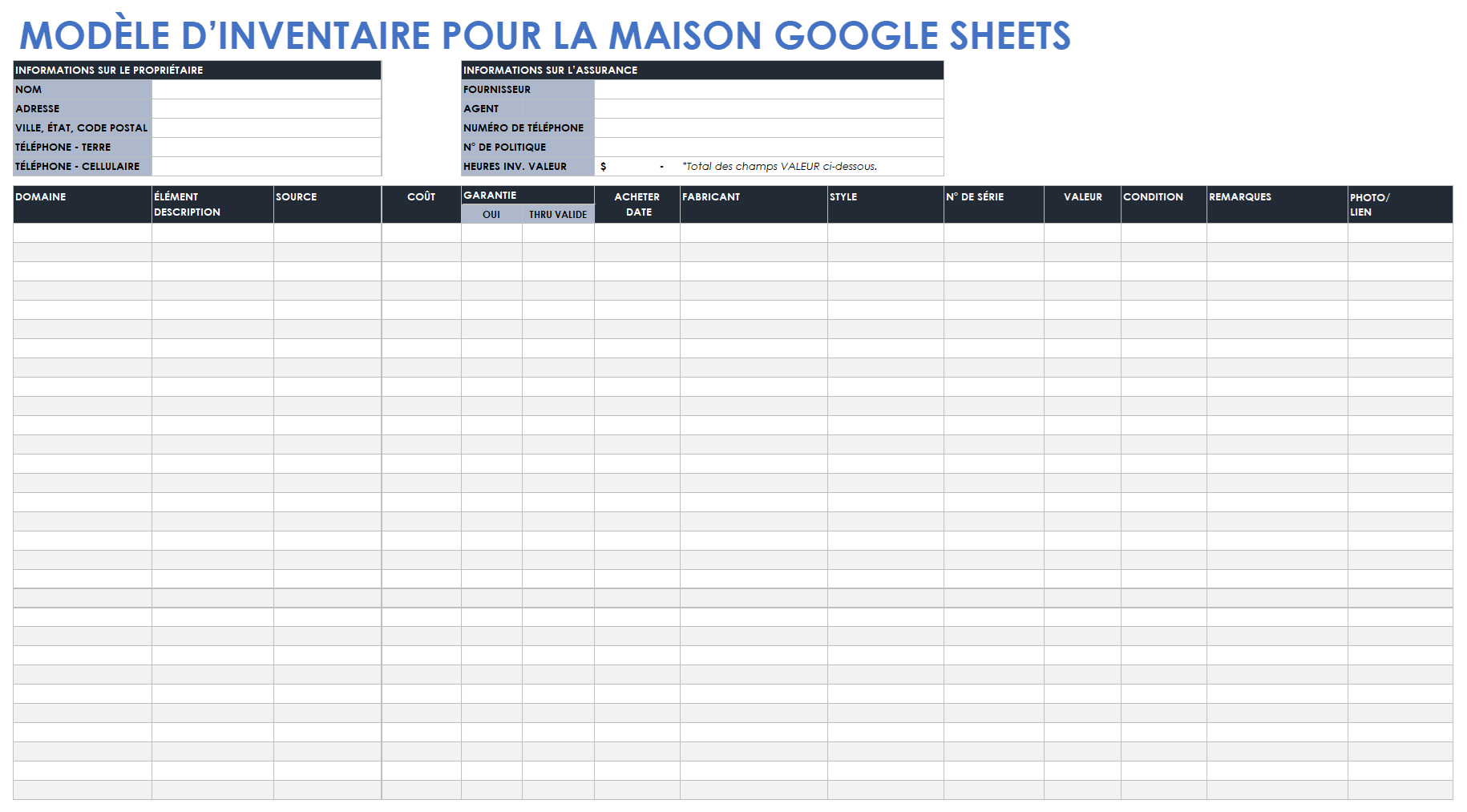 Modèle d'inventaire de la maison sur Google Sheets