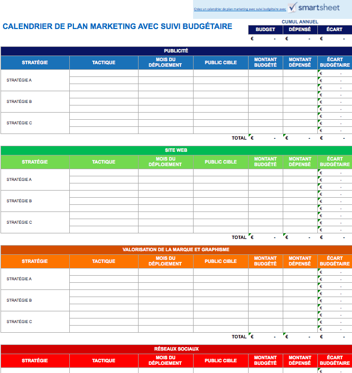 Calendrier de plan marketing avec suivi budgétaire