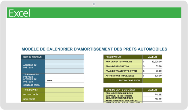 Calendrier du calculateur d'amortissement des prêts automobiles