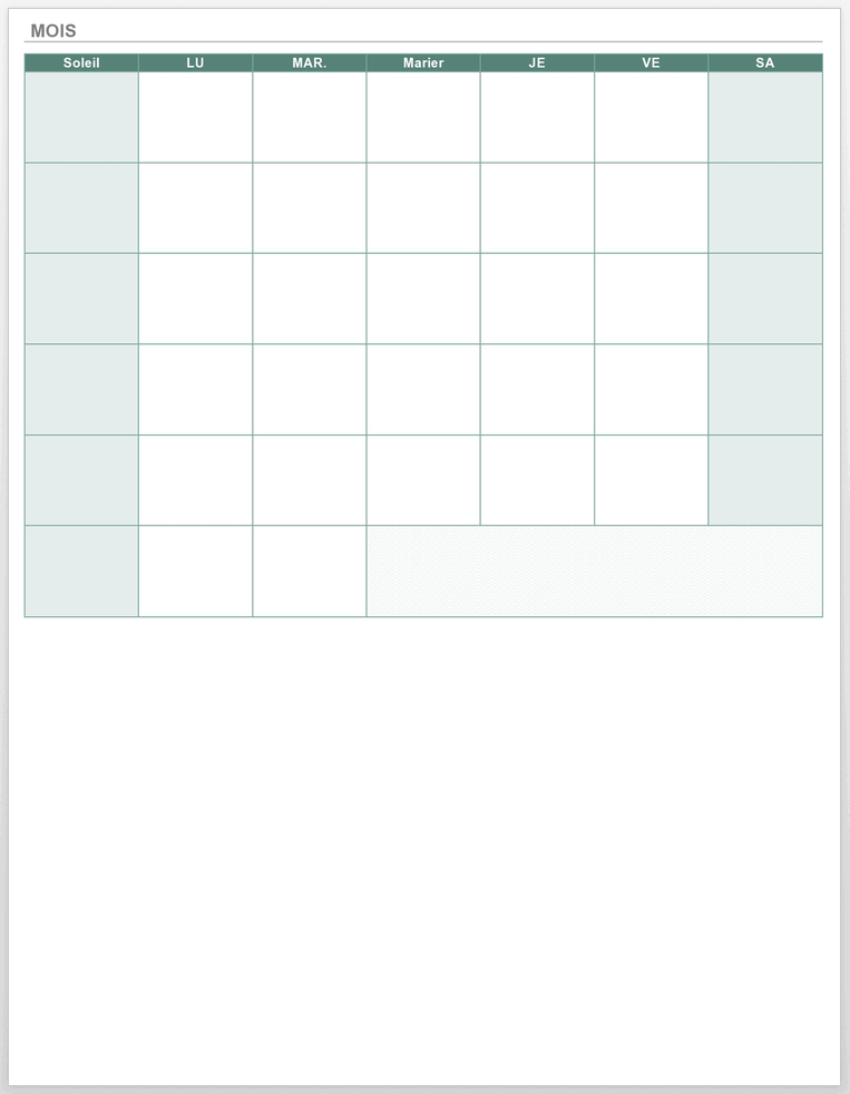 Calendrier mensuel vierge