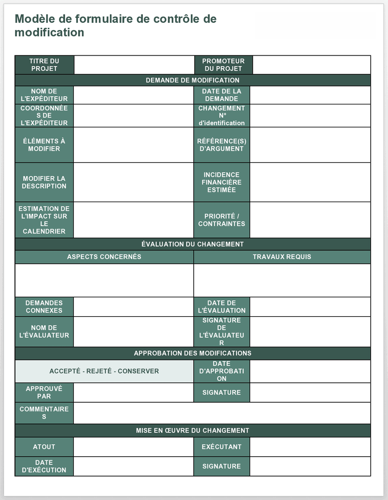 Modèle de formulaire de contrôle des modifications