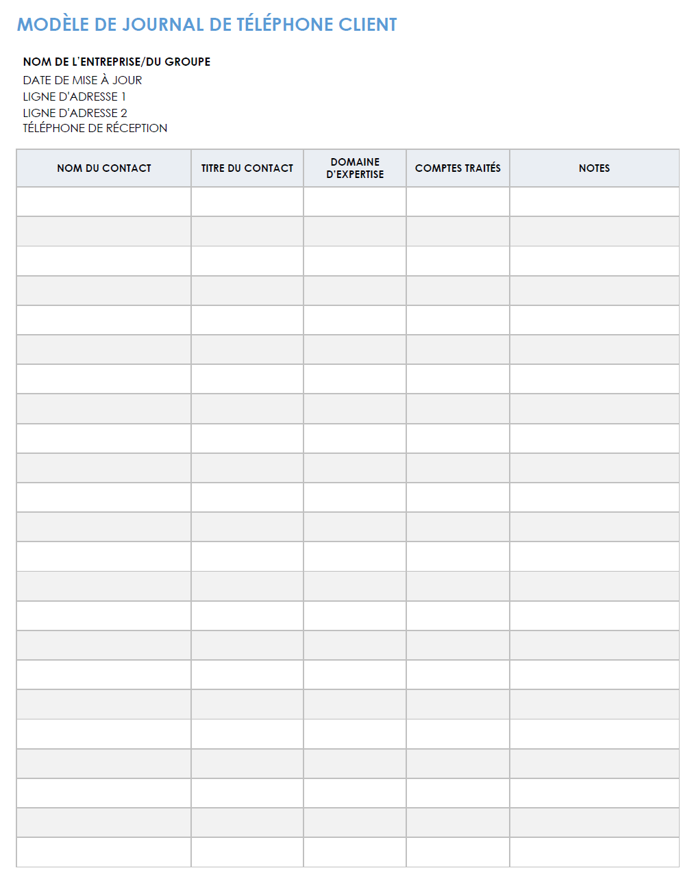 Modèle de journal téléphonique client