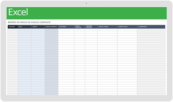 Feuille de calcul des contacts