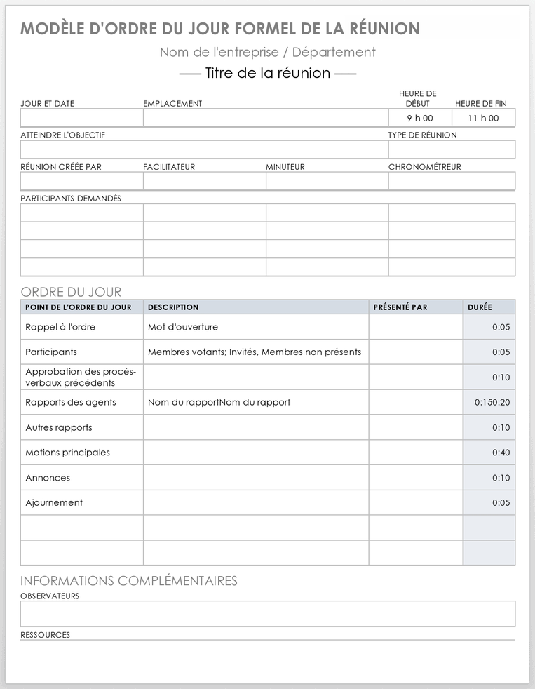 Modèle d'ordre du jour de réunion formel