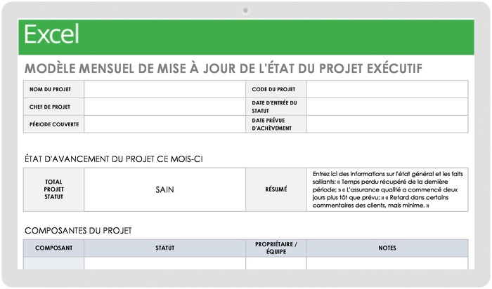 Modèle de mise à jour mensuelle de l'état du projet exécutif