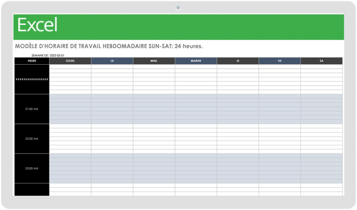 Modèle d'horaire de travail hebdomadaire du dimanche au samedi sur 24 heures