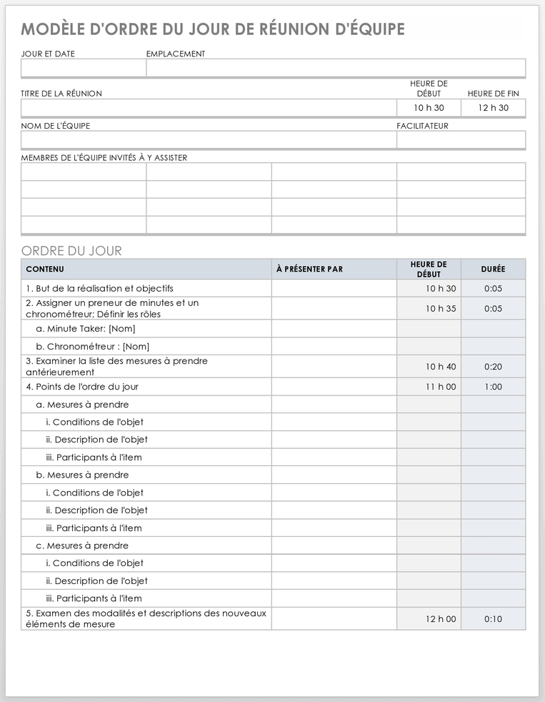Modèle d'ordre du jour de réunion d'équipe