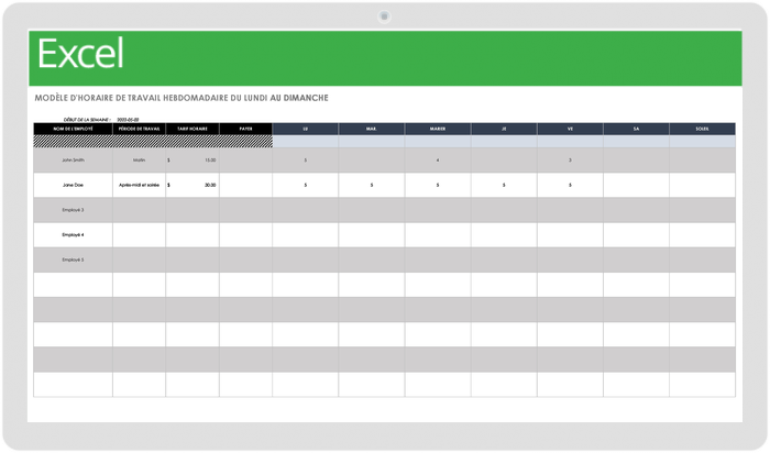 Modèle d'horaire de travail hebdomadaire du lundi au dimanche