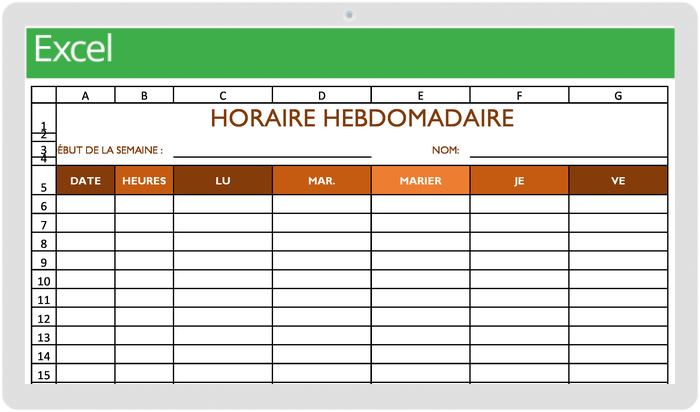 Horaire de travail 5 Jour 2 sur le modèle de page